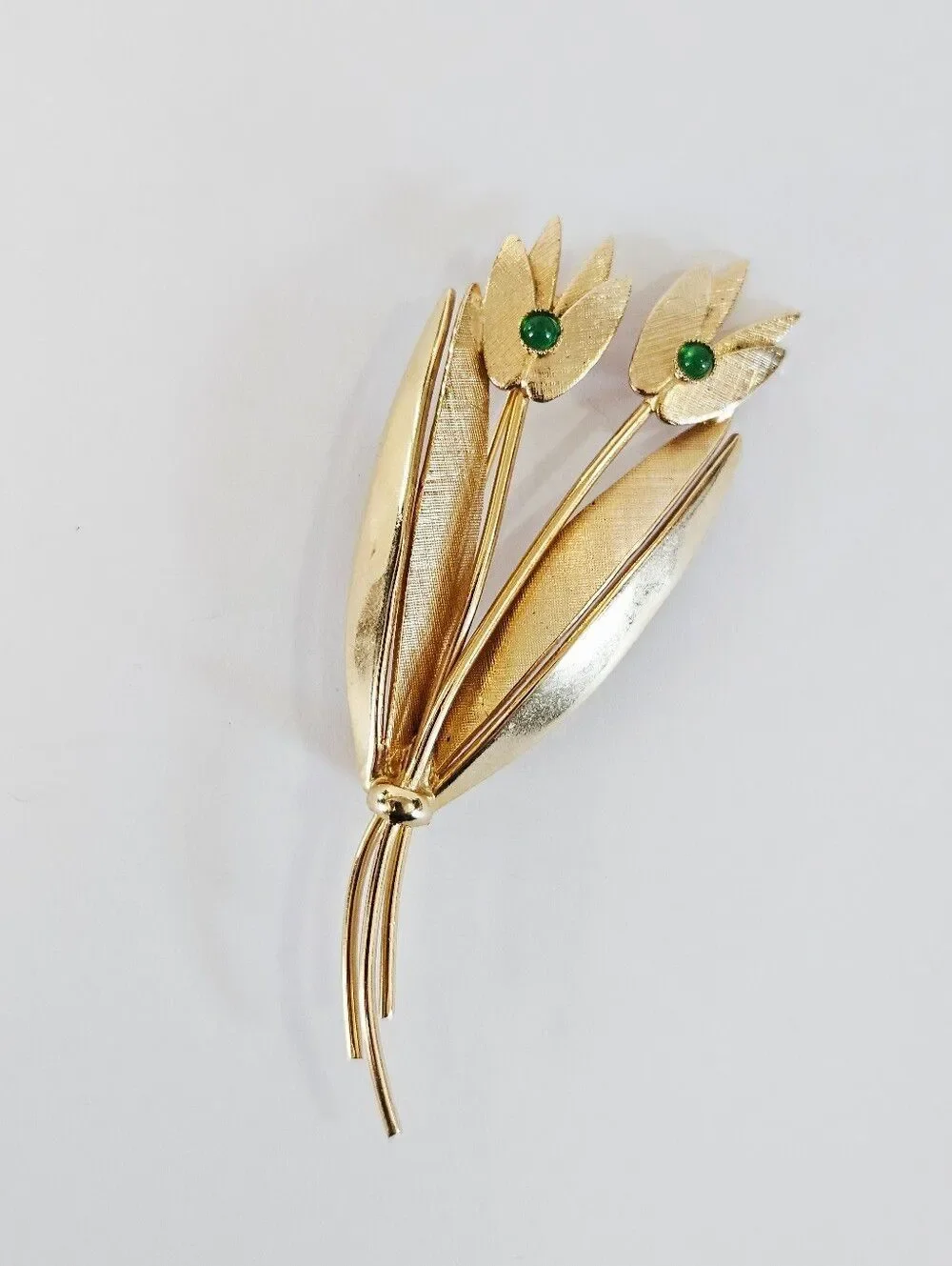 Vintage Signed Brasil Gold Tone Large Floral Sprig Green Stone Accent Brooch Pin